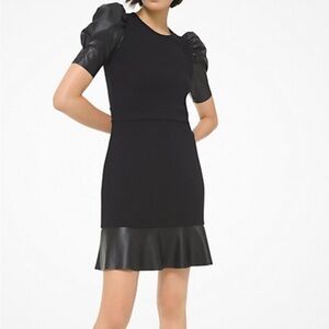 Faux Leather Ponte Puff-Sleeve Dress